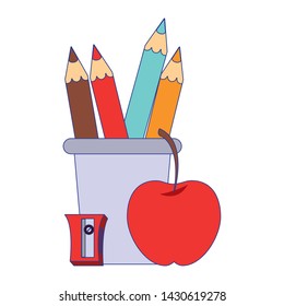 Back to school utensils colours pencils apple and sharpener cartoons vector ilustration graphic design vector illustration graphic design