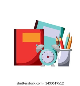 Back to school utensils notebooks and alarm clock with pencils cup cartoons vector illustration graphic design