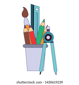 Back to school utensils ruler pencils and brush in cup with compass cartoons vector illustration graphic design