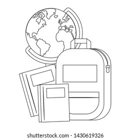 Back to school utensils world globe and backpack with notebooks cartoons vector illustration graphic design