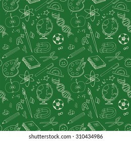 Back to school, various education objects on green blackboard, Seamless pattern, vector illustration