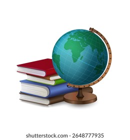 Back to school. Various learning tools. Vector drawing set. Notebook, books, globe, and realistic color fashion illustrations. All elements are isolated.