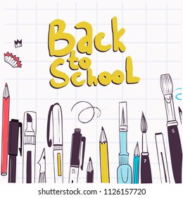 Back to school. Various stationery. Hand drawn vector illustration