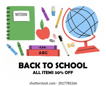 Back to school. Various tools for education. Hand drawn big vector set. Notebook, crayons, pencil, eraser, pen, globe, apple, etc. Colored trendy illustration. All elements are isolated