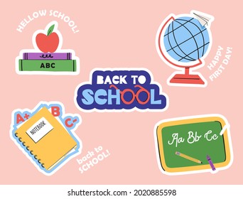 Back to school. Various tools for education. Hand drawn big vector set. Notebook, crayons, pencil, chalkboard, books, globe, apple, etc. Colored trendy illustration. All elements are isolated