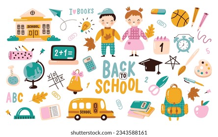 Back to school. Various tools for education. Hand drawn big vector set. Colored trendy illustration. 