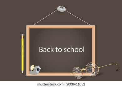 Back to school. Vector 3d realistic wooden chalkboard, wooden frame with pencil and glasses. Chalkboard design template, banner. Class board, front view