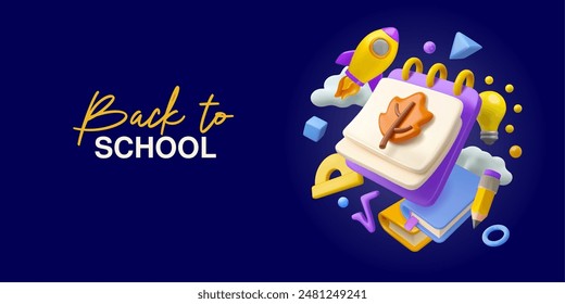 Back to school vector 3d web banner. Education stationery elements. Book, pencil, ruler protractor. Autumn time for study begin concept.