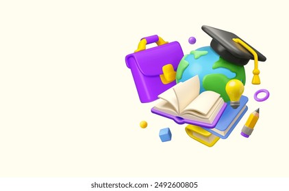 Anuncio de Web 3d de Vector de regreso a la escuela. Estudiar Plantilla en el extranjero. Elementos de papelería de Educación. Libro, lápiz y maletín con el planeta Tierra. Tiempo de otoño para el concepto de inicio de estudio.