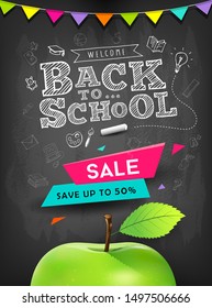 Back to school vector apple sale concept design on blackboard background, illustration