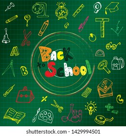 Back to school vector background with accessories and supplies elements around the text. Hand drawn illustration isolated on green - Vector