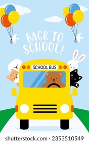 back to school vector background with animals on the school bus for banners, cards, flyers, social media wallpapers, etc.