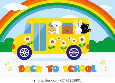 back to school vector background with animals on the school bus and rainbow for banners, cards, flyers, social media wallpapers, etc.