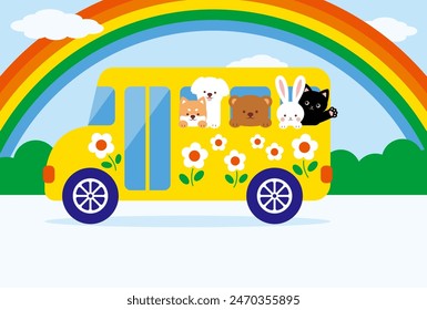 back to school vector background with animals on the school bus and rainbow for banners, cards, flyers, social media wallpapers, etc.