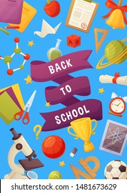 Back to school vector background. Cartoon elements: notebook, stars, planet, stars, bell, microscope, tablet, molecule, balls. Template for your design