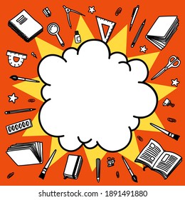 Back to school vector background. Cartoon comics empty bang speech bubble with line sketchy stationery on red background. Line vector doodle illustration for graphic design, web banners and prints