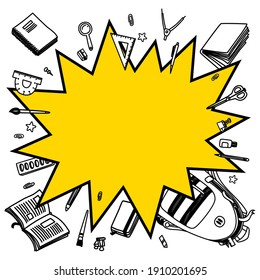 Back to school vector background. Cartoon comics empty bang speech bubble with line sketchy stationery. Line vector doodle illustration for graphic design, web banners and prints