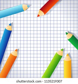 Back to school vector background with checked paper and coloured pencil with space for text