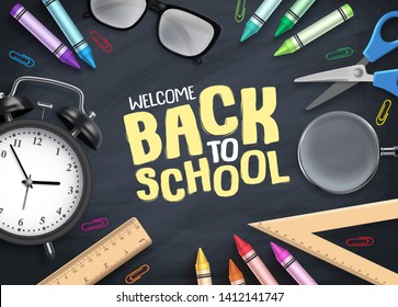 Back to school vector background. Colorful school supplies and educational items with back to school text in empty space blackboard background. Vector illustration.