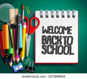 Back to school vector background design with school supplies, education items and white space for welcome back to school text in green texture background. Vector illustration.