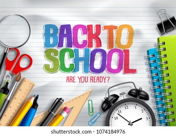 Back to school vector background design with school objects, colorful education items and space for text or message in white paper texture. Vector illustration template.