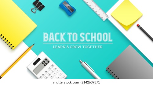 Back to school vector background design. Back to school text with educational supplies of notebook, ball pen and calculator for class study decoration. Vector illustration.
