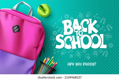 Back to school vector background design. Back to school text with backpack bag and color pencil elements in pattern background for educational study learning messages. Vector illustration.
