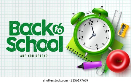 Back to school vector background design. Back to school typography text in grid pattern with clock, notebook and apple elements for educational learning decoration. Vector illustration.
