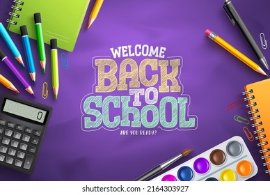 Back to school vector background design. Welcome back to school text in purple space with school supplies elements. Vector Illustration. 
