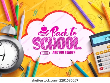 Back to school vector background design. Back to school text in cloud element with educational supply in background. Vector illustration student education design.
