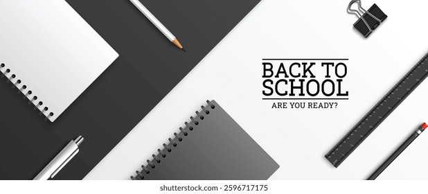 Back to school vector background design. Back to school text in white space with black notebook, ruler and pencil for professional education learning. Vector illustration.

