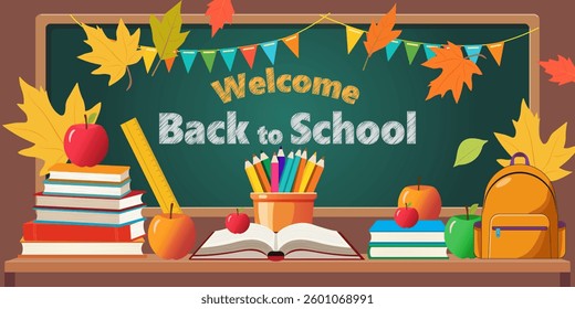 Back to school vector background design. Colorful Classroom Supplies and Learning Concept
