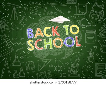 Back to school vector background of education supplies chalk sketches on blackboard. School book, pencils and rulers, student bag, microscope, calculator and abc, chemical flasks, telescope and DNA