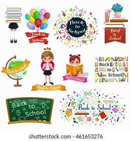 back to school vector background, education illustration concept, children happy learning with books, student writing at blackboard. Kids elementary studying greeting card