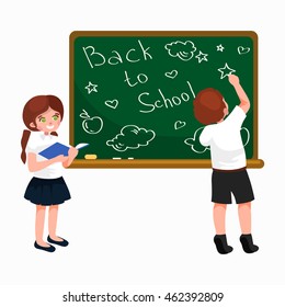 back to school vector background, education illustration concept, children happy learning with books, student writing crayons at blackboard. Kids elementary stady
