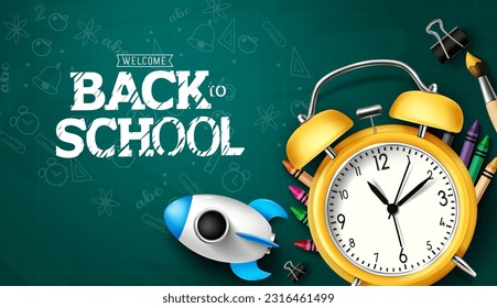 Back to school vector background. School greeting text in chalkboard with alarm clock and education supplies element. Vector illustration educational design.