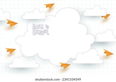 Back to school. Vector background of a school notebook in a cage with a frame, airplanes and clouds.