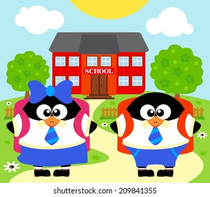 Back to school vector background with penguins