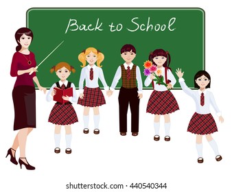 Back to school vector background. Schoolchildren and teacher are at the blackboard in full growth. Kids in school uniform. 