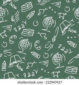 Back to school vector background. Seamless pattern on the green blackboard. Write with chalk.