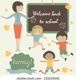 Back to school vector background with teacher and children in cartoon style