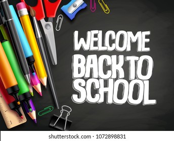 Back to school vector background template design with colorful elements like school supplies, education items and space for welcome back to school text in black texture background.