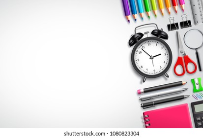 Back to school vector background template with school items and set of office supplies in white background with empty white space for text about education. Vector illustration.
