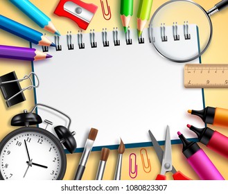 Back to school vector background template with school items, office supplies and empty white paper for text and message for education design. Vector illustration.
