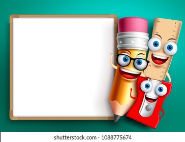 Back to school vector background template. Funny school characters and education items like whiteboard with empty blank space for text. Vector illustration.
