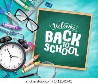 Back to school vector background template. Welcome back to school greeting text in chalkboard and school elements in textured blue background. Vector illustration.