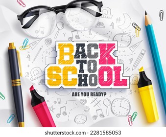 Back to school vector background. Back to school text in doddle background with student supplies element. Vector illustration education background.
