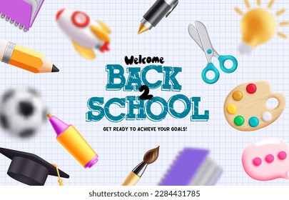 Back to school vector background. Back to school text with educational element in grid paper background. Vector illustration school greeting background.