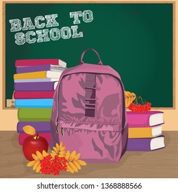 Back to school vector banner with school accessories, education elements and text  in green background. Vector illustration.