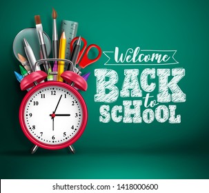 Back to school vector banner with alarm clock. School supplies, other elements and red alarm clock in green empty background with back to school text. Vector illustration.
